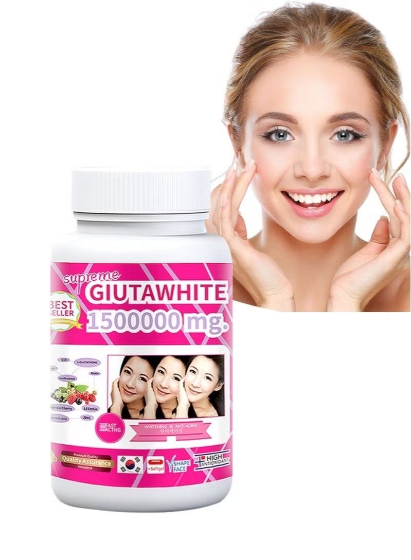 الجلوتا الأبيض كبسولات جلوكاثيون Supreme GlutaWhite للتفتيح البشرة، كابسولات سريعة المفعول لتفتيح البشرة وتعزيز مضادات الأكسدة، تزيل البقع الداكنة وآثار حب الشباب - جلوكاثيون 1500000 ملغ - 60 كبسولة - Image 1